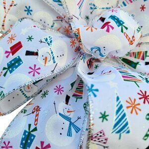 Frosty Whimsy – 10-Loop Snowman Ribbon Bow with Flowing Tails